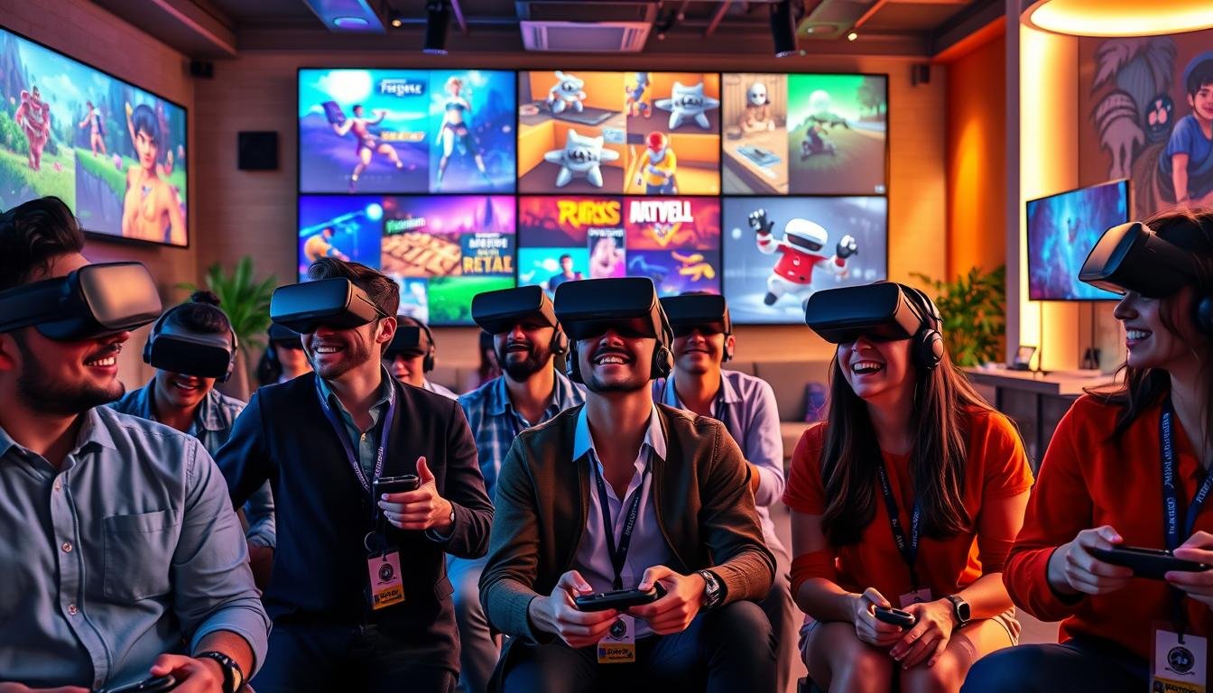 A vibrant and engaging scene illustrating a modern gaming environment that embodies "3A entertainment" principles. In the foreground, display a diverse group of players, including men and women of different ethnicities, dressed in smart casual clothing, joyfully engaging with various gaming consoles and VR headsets. The middle layer shows colorful game graphics projected on large screens, showcasing an array of genres that provide varied options, from adventure to puzzle games. In the background, depict a welcoming gaming lounge with soft, ambient lighting, and comfortable seating, creating a relaxed atmosphere. Incorporate elements like security badges to symbolize safety and responsible gaming. The overall mood is uplifted, with a focus on community and healthy leisure. Use warm lighting to enhance the inviting ambiance, and position the scene at a slight angle to create depth.