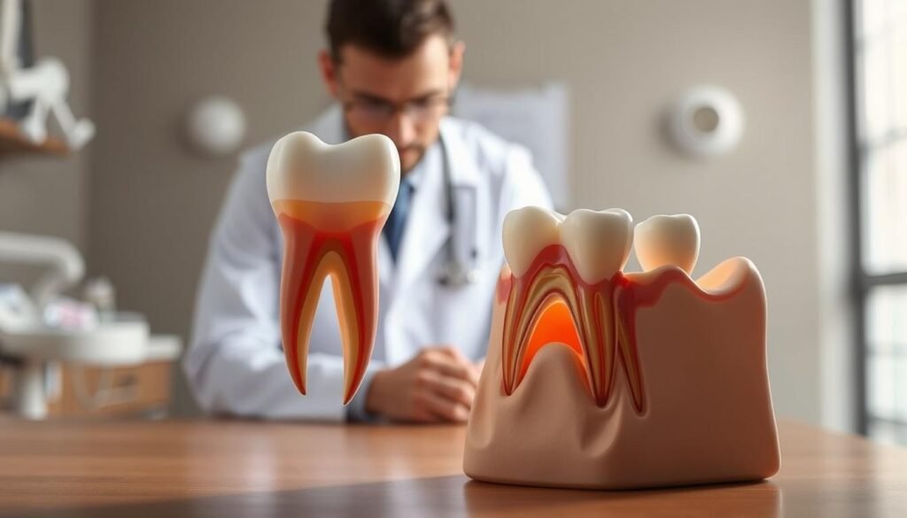 A detailed illustration depicting the health risks associated with wisdom teeth, specifically their roots extending into the maxillary sinus. In the foreground, showcase a realistic dental model highlighting a wisdom tooth with its roots penetrating the sinus cavity, depicted in a slightly translucent manner to reveal its anatomical connection. The middle ground features a dental professional in a lab coat, examining the model thoughtfully, emphasizing the complexity of dental procedures. In the background, a softly blurred dental clinic setting creates a sense of a professional atmosphere. Use soft, clinical lighting to evoke a serious yet educational mood, capturing the intricacies of dental health concerns. The scene should remain strictly professional and free from any text or overlays.