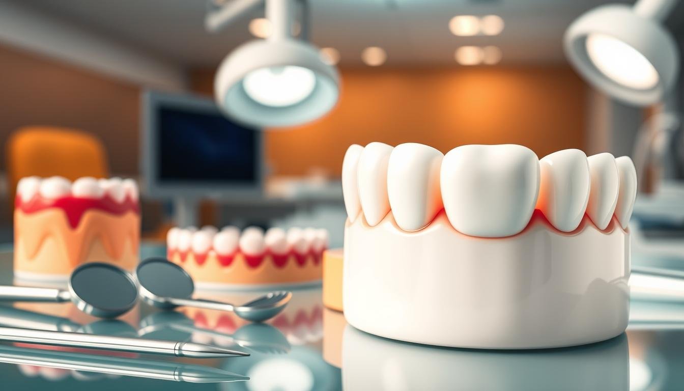 A detailed, scientific illustration focusing on the relationship between all-ceramic crowns and periodontal disease. The foreground features a close-up view of a human dental crown made from high-quality ceramic, showcasing its smooth, polished surface. Surrounding it are illustrations of gums with varying health conditions: healthy pink gums versus inflamed, diseased gums indicating periodontal disease. In the middle ground, dental tools like mirrors and probes are positioned, hinting at a professional dental environment. The background consists of a softly blurred dental clinic, filled with warm, inviting lighting to create a reassuring atmosphere. The mood should be informative and educational, with a focus on the importance of dental care and the impact of all-ceramic crowns on periodontal health.