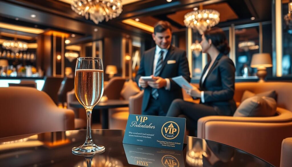 A sophisticated and elegant VIP lounge setting, showcasing the unique advantages of 3A Entertainment's VIP membership. In the foreground, a sleek table with a glass of premium champagne and a beautifully designed VIP card with a golden emblem. In the middle, a professional consultant in business attire interacts with a well-dressed VIP member, discussing personalized service options, surrounded by plush seating and ambient lighting. The background features a softly illuminated bar area and opulent decor, creating a luxurious atmosphere. Use warm lighting to enhance the sense of exclusivity and create a welcoming mood. The angle should be a slightly elevated perspective, capturing both the engaging interaction and the lavish setting.