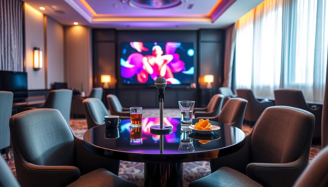 A stylish interior of a Taipei hotel KTV room, focusing on a lavish yet professional setting. The foreground features a sleek round table elegantly set with drinks and snacks, surrounded by plush karaoke chairs. A high-quality microphone is placed at the center of the table, emphasizing the entertainment aspect. In the middle ground, a large, brightly lit screen displays colorful, abstract visuals, creating an inviting atmosphere. The background showcases luxurious decor, with soft, ambient lighting casting warm tones, and plush drapes framing large windows. The overall mood is sophisticated yet relaxed, ideal for social gatherings. The image should evoke a sense of exclusivity and celebration, while maintaining a professional demeanor, without any human figures present.