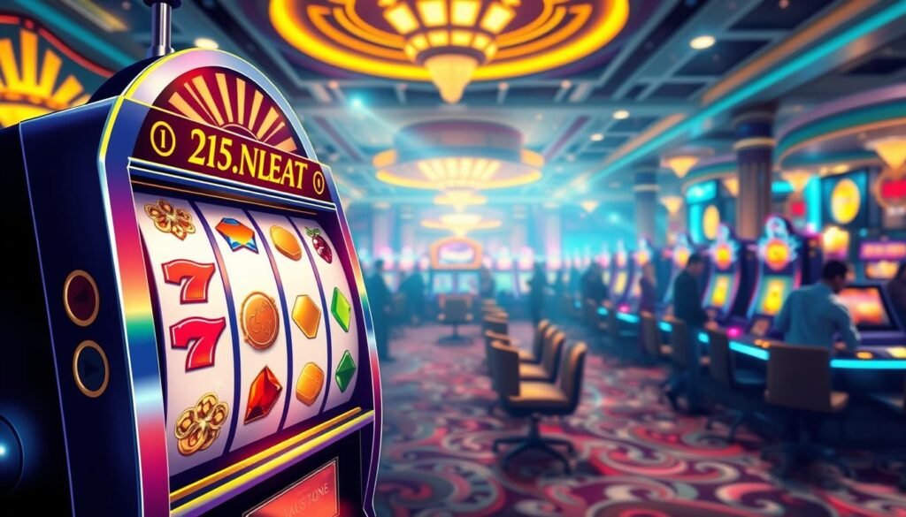 A vibrant and detailed illustration depicting the concept of "UG娛樂城免費旋轉機制" in a digital casino environment. In the foreground, showcase an interactive slot machine with colorful, spinning reels adorned with symbols of fortune, such as golden coins, sparkling gems, and lucky sevens. The middle ground features an enchanting backdrop of a bustling casino floor, illuminated by bright, dynamic lighting that creates an energetic atmosphere. In the background, faint silhouettes of other gaming tables and patrons can be seen, contributing to the lively ambiance without detracting from the main focus. The image should convey a sense of excitement and anticipation, enticing viewers to explore the intricacies of the free spins mechanism. Use a vibrant color palette with soft yet bright lighting, capturing the allure of gaming without any text or distractions.
