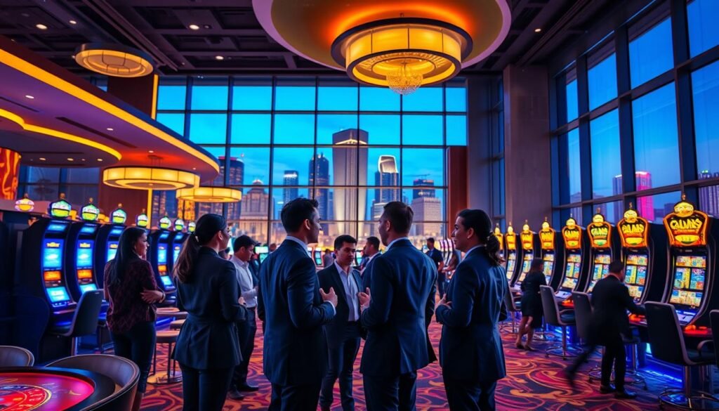 A vibrant, modern casino environment illustrating a safe and reputable 3A entertainment city. In the foreground, a group of diverse individuals dressed in professional business attire, engaged in lively discussions about gaming options. The middle layer features luxurious gaming tables and slot machines, casting soft glows from colorful lights above. In the background, large glass windows show a bustling urban skyline under a clear blue sky. The atmosphere is inviting and upscale, emphasizing safety and professionalism. Soft, ambient lighting creates a warm and secure feeling, while the angle captures the excitement of the gaming experience from a slightly elevated viewpoint, showcasing both the players and the rich interior design of the casino.