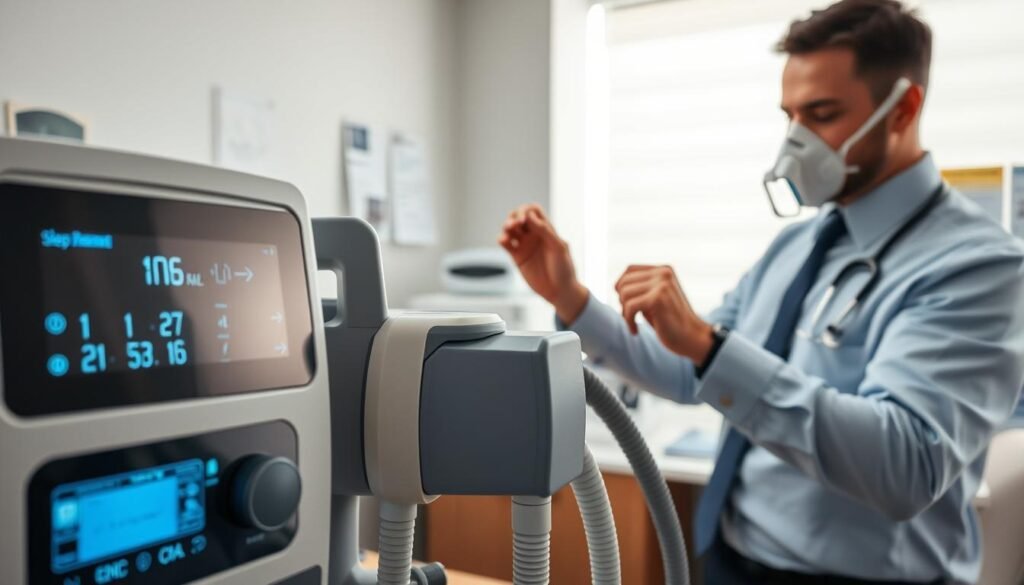A well-lit medical office scene focused on the adjustment process of a sleep apnea machine. In the foreground, a healthcare professional in smart attire is carefully adjusting the pressure settings on a modern CPAP device. The middle ground features a close-up view of the device's control panel, displaying digital readouts and indicators, emphasizing precision and clarity. The background includes a neatly arranged workspace with patient records and sleep therapy pamphlets, contributing to a clinical atmosphere. Soft, diffused natural light filters through a window, casting a calm glow throughout the room, evoking a mood of professionalism and trust. The composition should highlight the intricate details of the machine and the attentive demeanor of the professional, illustrating the importance of proper pressure setting adjustments.