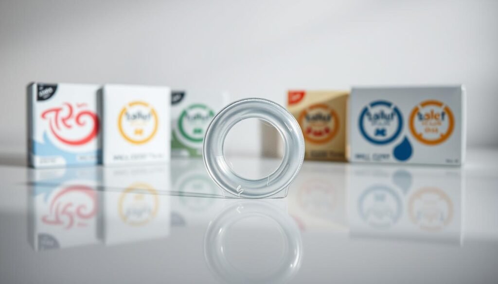 A clear, detailed depiction of the world's thinnest condoms arranged artfully on a clean, minimalist surface, emphasizing their translucent and sleek design. The forefront features one condom prominently displayed, showcasing its extraordinary thinness with a soft glow reflecting off its surface. In the background, several other packs of condoms are neatly arranged, with subtle lighting to highlight their logos and packaging, revealing various brand designs that signify authenticity. The atmosphere should be modern and professional, evoking a sense of trust and quality. Use a shallow depth of field to keep the focus on the condoms, with a soft-focus effect enhancing the clean, sterile environment. Capture the image from a slightly elevated angle to showcase the depth of the arrangement while maintaining a bright, inviting lighting setup.