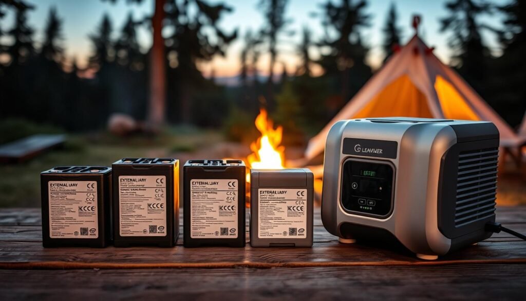 A detailed comparison of external battery options for sleep apnea machines, set in a serene camping environment at dusk. In the foreground, several external batteries of various sizes and shapes are displayed on a wooden table, featuring clear labels and specifications. The middle ground shows a compact and modern sleep apnea machine, with sleek design elements, connected to one of the batteries, demonstrating its compatibility. In the background, a tranquil campsite scene features a softly glowing campfire, surrounded by trees and a starlit sky, creating a calming atmosphere. The lighting is warm and inviting, highlighting the functionality of the batteries while casting gentle shadows. The lens captures a slight depth of field, focusing on the batteries and machine while softly blurring the background.