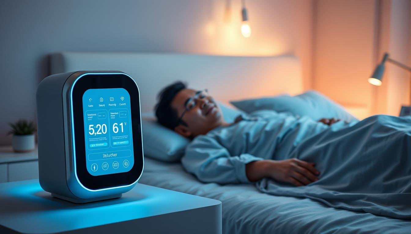 A futuristic scene showcasing a smart breathing machine in a serene bedroom setting. In the foreground, a sleek, modern breathing machine with an interactive touch screen displaying user-friendly data, softly illuminated by a gentle night light. The middle ground features a relaxed user, a middle-aged Asian man dressed in comfortable, modest sleepwear, lying in bed with a peaceful expression, demonstrating how the machine enhances sleep quality. In the background, a softly lit room with calming colors, minimalistic decor, and subtle ambient lighting reflecting a tranquil atmosphere. The composition captures a harmonious blend of technology and comfort, with an emphasis on user experience and innovation in sleep therapy.