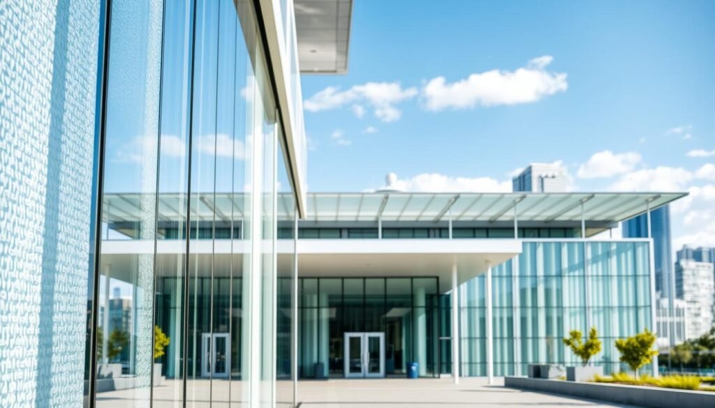 A modern architectural setting showcasing flat polycarbonate sheets utilized in various applications. In the foreground, a close-up view of clear, textured polycarbonate sheets elegantly integrated into a bright, airy building facade, reflecting natural light. The middle ground features a sleek, contemporary structure with sections of the polycarbonate used for roofing and partition walls, demonstrating functionality and aesthetic appeal. In the background, a city skyline with blue skies enhances the scene, conveying innovation and modernity. The overall mood is fresh and professional, emphasizing the versatility and structural integrity of polycarbonate in architecture. Use natural daylight with soft shadows for a realistic effect, captured from a slightly elevated angle to display depth.