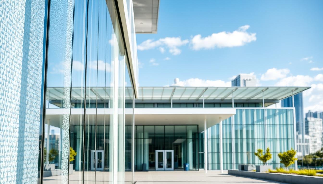 A modern architectural setting showcasing flat polycarbonate sheets utilized in various applications. In the foreground, a close-up view of clear, textured polycarbonate sheets elegantly integrated into a bright, airy building facade, reflecting natural light. The middle ground features a sleek, contemporary structure with sections of the polycarbonate used for roofing and partition walls, demonstrating functionality and aesthetic appeal. In the background, a city skyline with blue skies enhances the scene, conveying innovation and modernity. The overall mood is fresh and professional, emphasizing the versatility and structural integrity of polycarbonate in architecture. Use natural daylight with soft shadows for a realistic effect, captured from a slightly elevated angle to display depth.