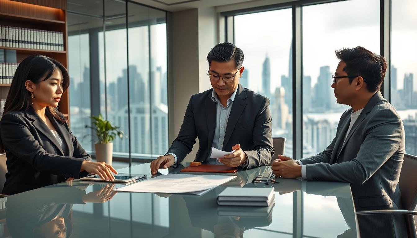 A professional office scene in Hong Kong, showcasing a diverse group of business professionals engaged in a meeting about company formation regulations. In the foreground, a Southeast Asian woman in a smart business suit is pointing at a document on a conference table, while an East Asian man in a crisp blazer is taking notes. The middle background features a large glass window with a view of Hong Kong's iconic skyline, including skyscrapers and Victoria Harbour, bathed in natural daylight. The atmosphere is focused and collaborative, with modern office furnishings and legal books on the shelves, creating an ambiance of professionalism and diligence. Soft, warm lighting enhances the inviting feel of the workspace.