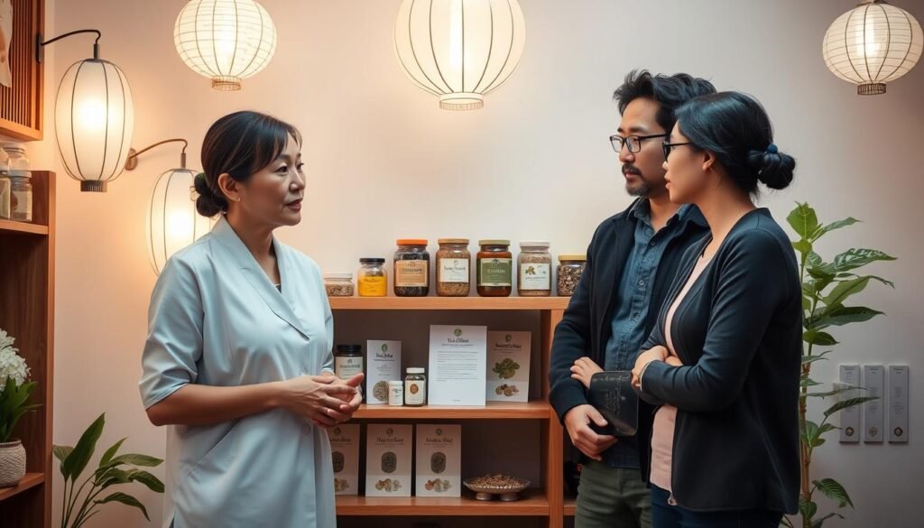 A serene and inviting interior of a traditional Chinese medicine clinic in Sha Tin, showcasing a consultation room. In the foreground, a compassionate practitioner in modest attire discusses herbal remedies with a hopeful, concerned couple, both dressed in casual professional clothing. The couple displays a sense of inquiry and optimism. In the middle, various jars of traditional Chinese herbs are neatly arranged on a wooden shelf, alongside acupuncture needles and wellness brochures. The background features soft, warm lighting filtering through paper lanterns, casting gentle shadows that create a calming atmosphere. The overall mood is one of support, healing, and hope, emphasizing the holistic approach to treating recurrent miscarriage with traditional Chinese medicine.