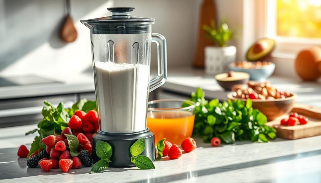 A serene and inviting kitchen countertop featuring an array of collagen sources: a sleek glass jar filled with collagen powder, surrounded by fresh ingredients like vibrant berries, leafy greens, and a bowl of bone broth. In the foreground, a stylish, modern blender is positioned ready for a healthy shake, reflecting a bright and well-lit environment with natural sunlight streaming through a nearby window. In the background, a wooden cutting board displays an avocado and nuts, emphasizing a healthy lifestyle. The overall atmosphere is fresh, clean, and energetic, with soft shadows creating depth, and a slight blur on the edges to focus attention on the collagen sources as essential elements for busy modern individuals seeking skincare solutions.