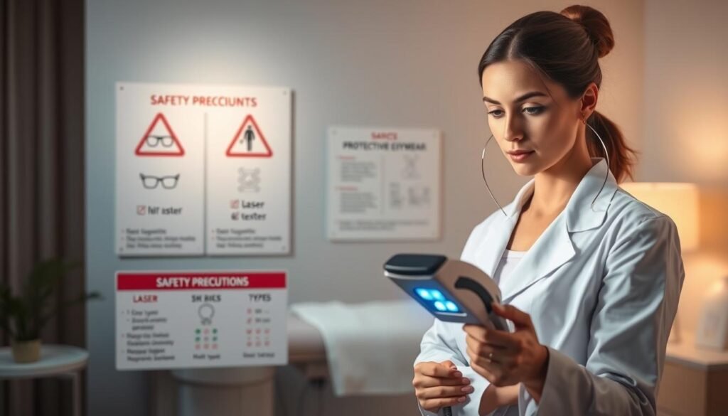 A sophisticated, informative illustration depicting safety precautions for laser hair removal. In the foreground, a professional female dermatologist in a white lab coat examines a laser device, her expression focused and attentive, conveying trust and expertise. The middle ground features a clinical setting with safety signs prominently displayed, emphasizing precautionary measures like protective eyewear and skin testing. In the background, a softly lit treatment room showcases a laser hair removal machine, with subtle diagrams outlining skin types and hair textures being treated. The atmosphere is calm, reassuring, and educational, highlighting the importance of safety in cosmetic procedures. Use soft, warm lighting to create an inviting feel, with a slight depth of field to focus on the dermatologist and the laser equipment.