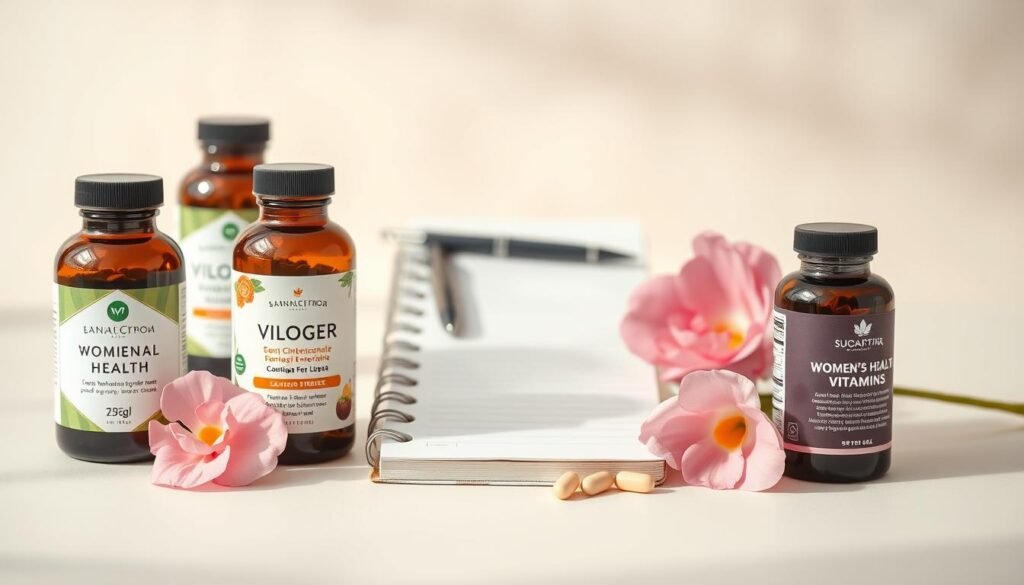 A beautifully arranged flat lay of various premium women's health vitamins from the USA, displayed on a soft, pastel-toned background. In the foreground, focus on elegant bottles with modern labels featuring natural ingredients. Include a delicate pink floral accent nearby to enhance the feminine touch. In the middle ground, incorporate a stylish notebook and a pen, symbolizing knowledge and wellness. The background should softly blur out with light tones, creating a tranquil, inviting atmosphere. Use soft, natural lighting to highlight the products, ensuring no harsh shadows detract from the overall harmony. The scene should evoke feelings of health, empowerment, and self-care, ideal for a professional article about women's health vitamins.
