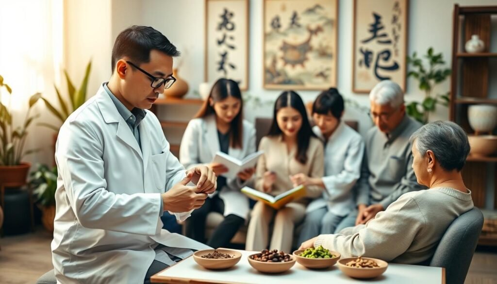 A professional team of traditional Chinese medicine practitioners gathered in a serene clinic setting. In the foreground, a qualified male doctor performs an acupressure technique on a patient seated comfortably. The practitioner is wearing a clean white coat and glasses, conveying expertise. In the middle, diverse team members, including a female herbalist and another male acupuncturist, are engaged in discussion while reviewing traditional medicine books and herbal ingredients on the table. The background features calming elements like potted plants and traditional Chinese artwork, suggesting a peaceful atmosphere. Soft, warm lighting enhances the inviting ambiance, creating a sense of trust and professionalism. The image captures a collaborative environment focused on enhancing respiratory health and resilience.