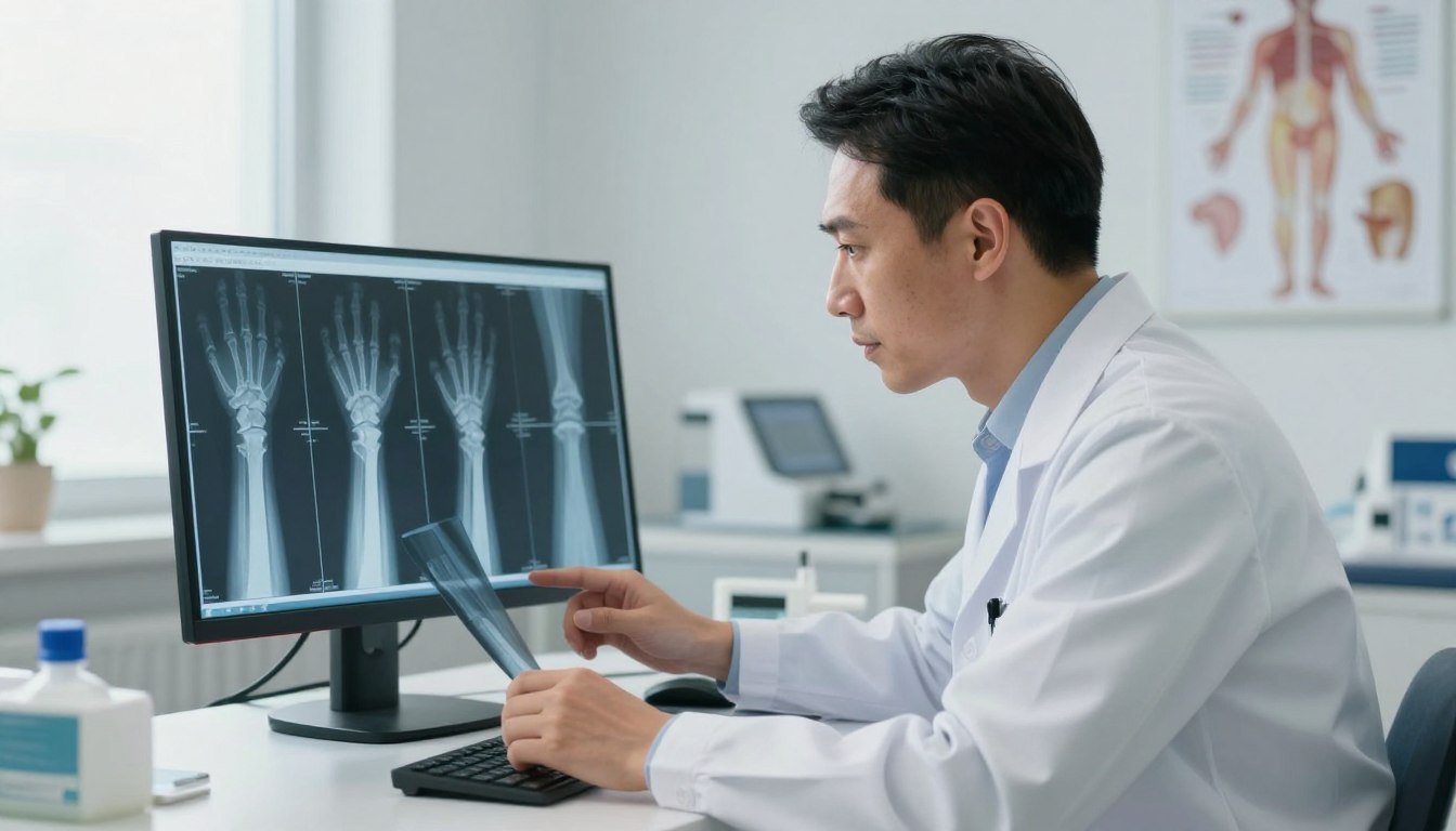 A medical professional, dressed in a smart white lab coat, carefully examining wrist x-rays on a digital screen in a modern clinic. In the foreground, the professional leans in, analyzing the images with a focused expression, while a detailed diagram of the wrist anatomy is faintly visible beside them. In the middle ground, a high-resolution monitor displays clear images of various wrist injuries, showcasing fractures and dislocations. The background features a well-lit examination room, decorated with anatomical posters and medical equipment. The overall atmosphere conveys a sense of professionalism and urgency, emphasizing the importance of imaging assessments for wrist pain treatment. Soft, natural lighting filters through a window, enhancing the clarity of the scene.