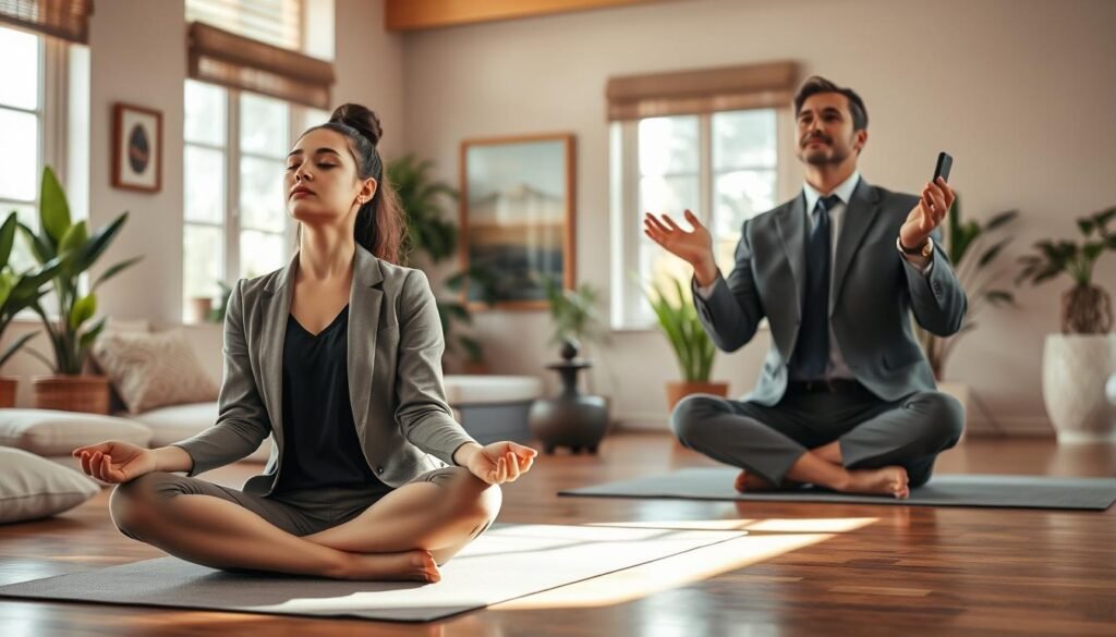 A serene therapy room featuring a diverse group of three individuals engaged in mindfulness and relaxation practices. In the foreground, a young woman sits cross-legged on a yoga mat, eyes closed, practicing deep breathing. Beside her, a middle-aged man practices progressive muscle relaxation, visibly at ease. In the background, a warm and inviting room is filled with soft natural light streaming through large windows, adorned with plants and calming art. A comfortable seating area with cushions and a small fountain creates a peaceful atmosphere. The setting conveys tranquility and focus, emphasizing a supportive environment for anxiety treatment and mindfulness practice. The angle showcases the participants in action, capturing their peaceful expressions.