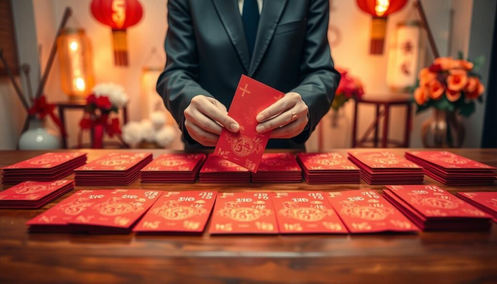 A beautifully arranged display of red envelopes, known as "Hong Bao," with varying amounts, prominently featuring amounts that are multiples of six. In the foreground, a pair of elegant hands, dressed in professional business attire, gently hold and present a red envelope. The middle ground features an array of red envelopes laid out on a rich, wooden table, showcasing intricate patterns and gold accents that symbolize prosperity and fortune. In the background, soft, warm lighting creates a cozy atmosphere, with blurred decorations hinting at a festive celebration, such as Chinese lanterns and floral arrangements. The mood is inviting and peaceful, emphasizing the importance of thoughtful gift-giving traditions. The scene is devoid of text, ensuring focus on the visual elements.