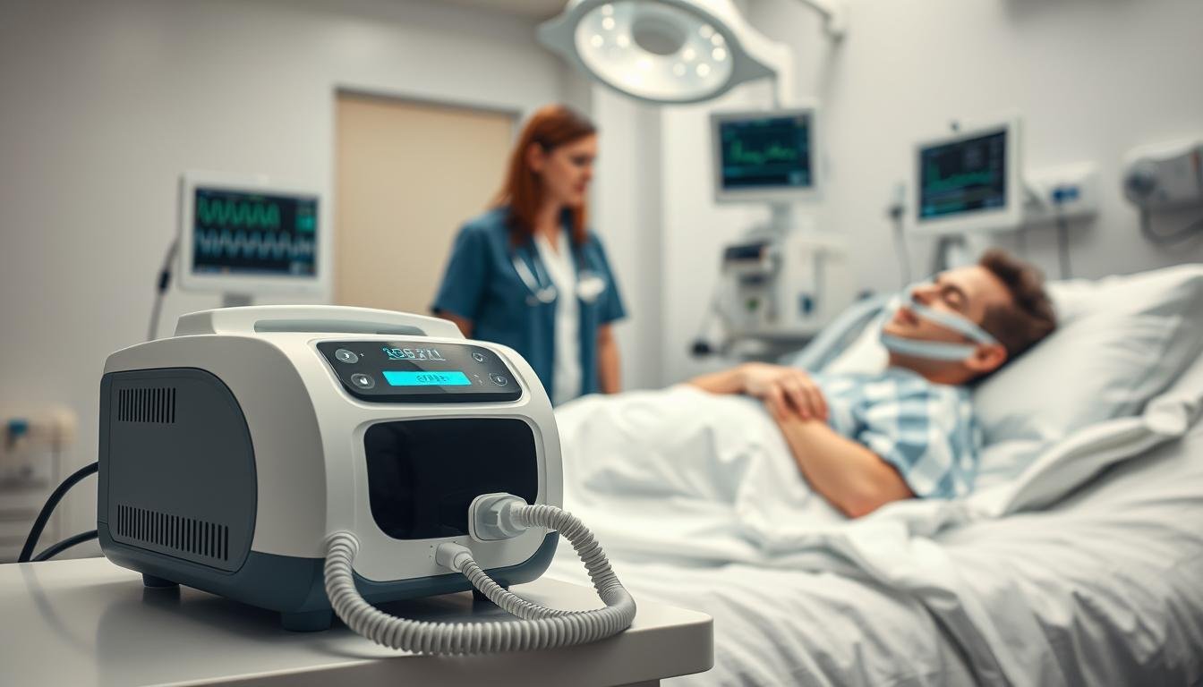 A clinical setting featuring a sleeping CPAP machine prominently placed on a bedside table beside a patient resting comfortably in a hospital bed. In the foreground, show the CPAP machine with clear digital display and connected hoses. The middle ground should depict a healthcare professional, dressed in professional attire, attentively monitoring the patient. Background elements include soft ambient lighting from overhead medical lamps, sterile white walls, and medical equipment such as monitors displaying vital signs. The atmosphere should convey a sense of calm and reassurance, emphasizing the effectiveness of CPAP therapy in clinical applications, focusing on the positive impact on patient health. Use a slightly elevated camera angle to capture both the machine and the care environment harmoniously.