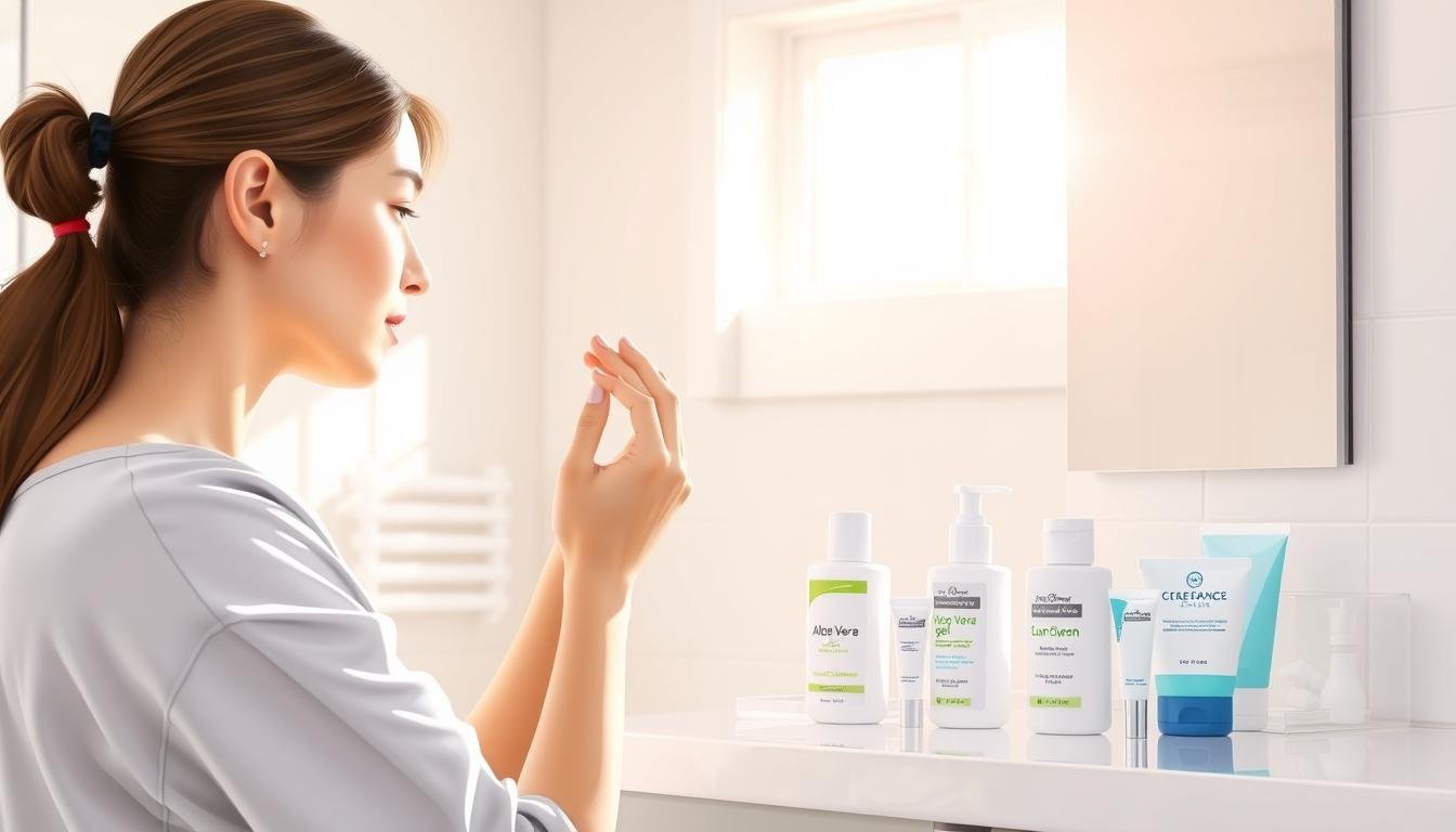 A detailed illustration of a post-laser hair removal skincare routine for students, set in a bright, clean bathroom. In the foreground, a young student (female) in modest casual clothing examines her skin while gently applying a soothing cream. The middle ground showcases an organized countertop with essential skincare products, including aloe vera gel, moisturizer, and sunscreen, all neatly arranged. The background features soft natural light filtering through a window, casting a warm glow on the scene, with subtle reflections on the mirror. The atmosphere is calm and focused, emphasizing the importance of skincare after the procedure. The image captures a professional and educational vibe without any text or distractions, suitable for illustrating the topic of post-care steps.