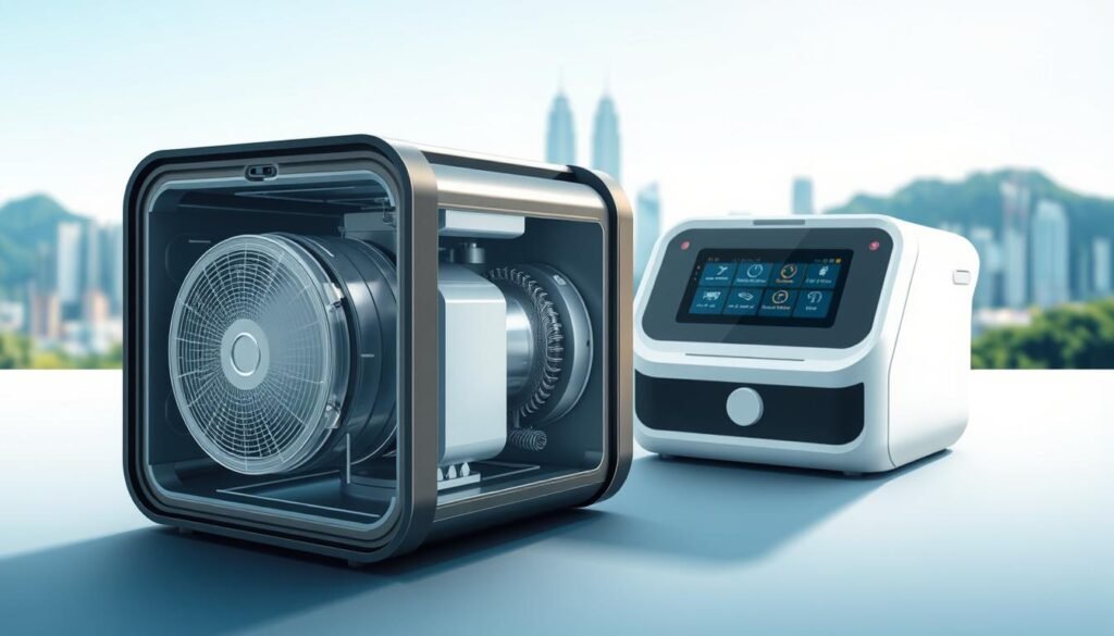 A detailed illustration of a sleep apnea machine designed for specific climate needs in Hong Kong. In the foreground, showcase the intricate internal components of the device, such as the humidifier and heating elements, emphasizing their functionality in humid and tropical conditions. The middle ground features the device itself with sleek, modern lines, displaying its user-friendly interface and ergonomic design. In the background, subtly integrate Hong Kong's skyline and greenery, symbolizing the unique environmental factors that influence the machine's design. The lighting should be bright and clinical, with soft shadows to create a clean, professional atmosphere. Capture the innovative and practical essence of technology adapting to local climate conditions, showcasing a harmonious blend of functionality and aesthetics.