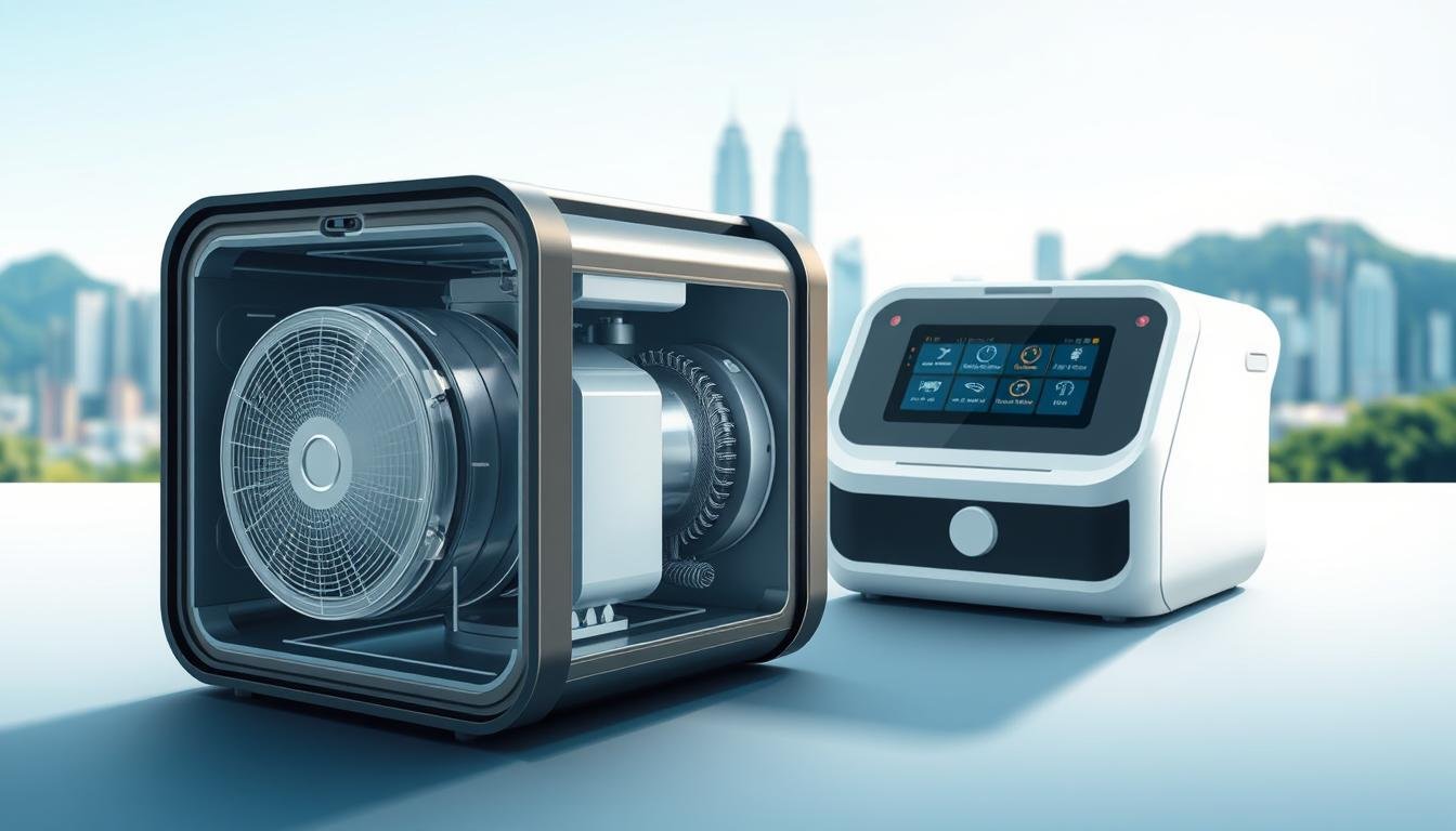 A detailed illustration of a sleep apnea machine designed for specific climate needs in Hong Kong. In the foreground, showcase the intricate internal components of the device, such as the humidifier and heating elements, emphasizing their functionality in humid and tropical conditions. The middle ground features the device itself with sleek, modern lines, displaying its user-friendly interface and ergonomic design. In the background, subtly integrate Hong Kong's skyline and greenery, symbolizing the unique environmental factors that influence the machine's design. The lighting should be bright and clinical, with soft shadows to create a clean, professional atmosphere. Capture the innovative and practical essence of technology adapting to local climate conditions, showcasing a harmonious blend of functionality and aesthetics.